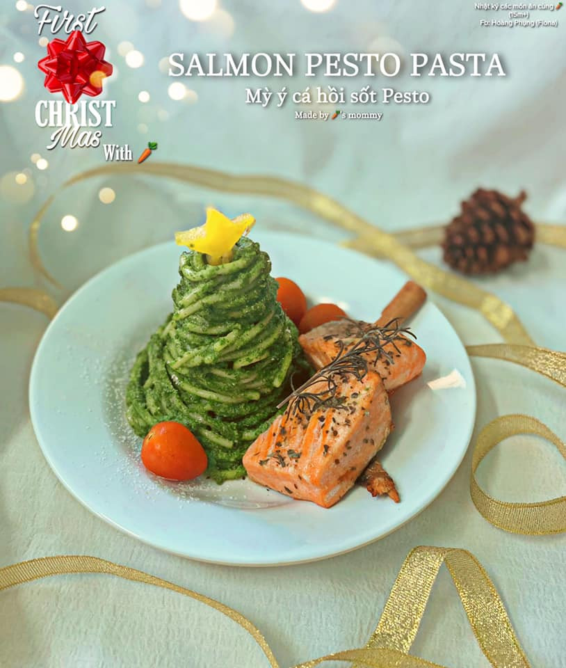 Mỳ ý cá hồi sốt Pesto.