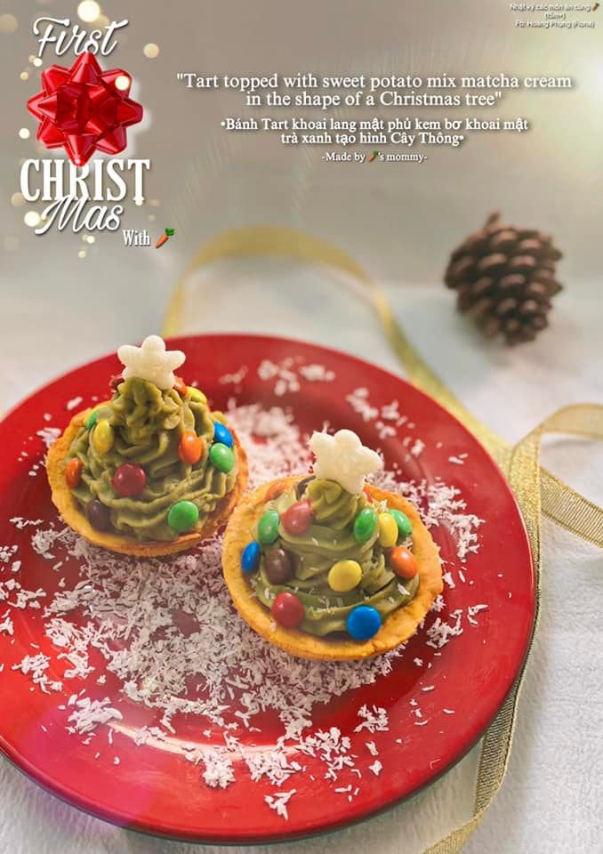 “Tart khoai mật phủ kem bơ khoai mật trà xanh” tạo hình cây thông.