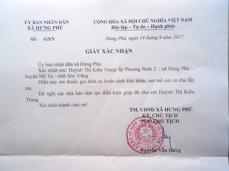 Xác nhận của UBND xã Hưng Phú