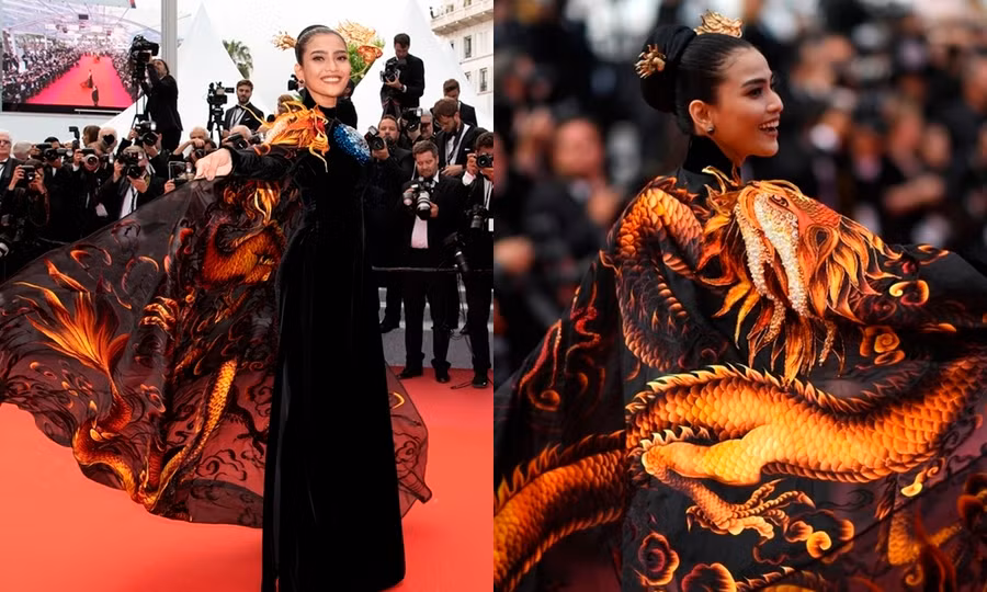 Trương Thị May diện áo dài thêu rồng trên thảm đỏ LHP Cannes