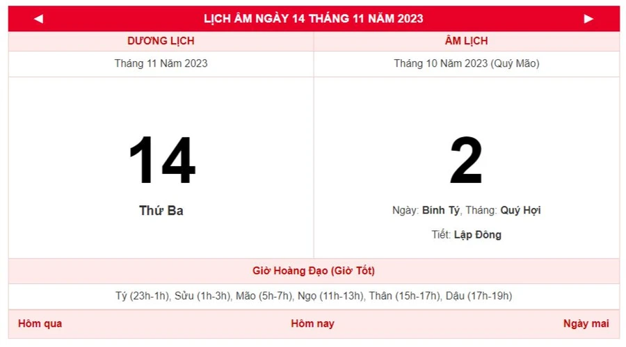 Lịch âm hôm nay - Xem lịch âm ngày 14/11/2023