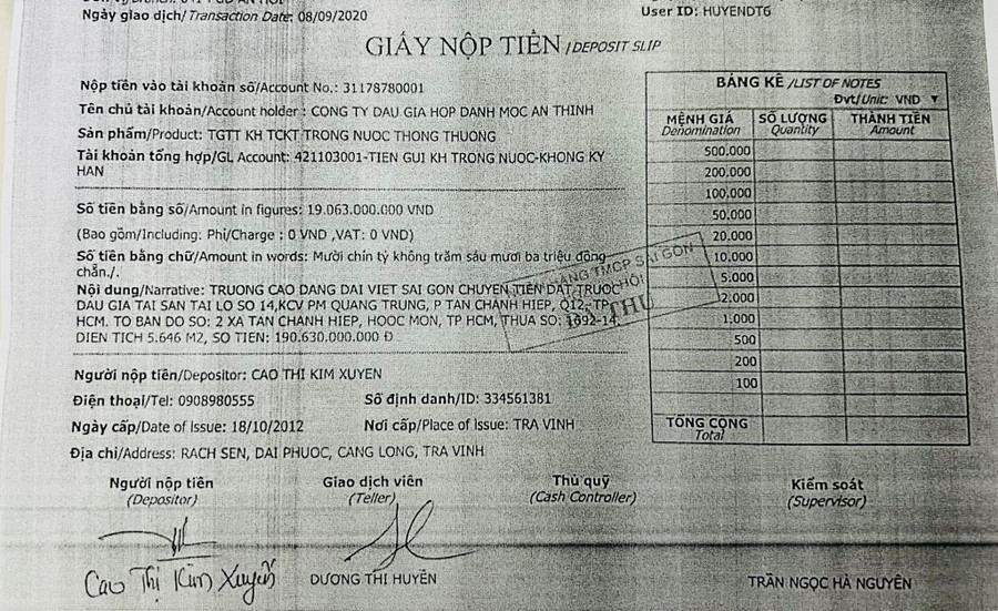 Biên nhận đóng một phần tiền trúng đấu giá khu đất tại Quận 12, TPHCM của Trường Cao đẳng Đại Việt Sài Gòn