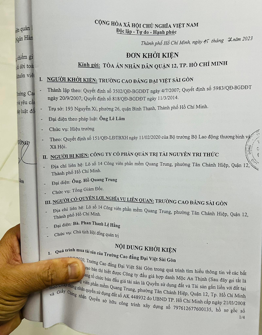 Đơn khởi kiện Công ty CP Quản trị Tài Nguyên Tri Thức ra Tòa án Nhân dân Quận 12 của Trường Cao đẳng Đại Việt Sài Gòn.