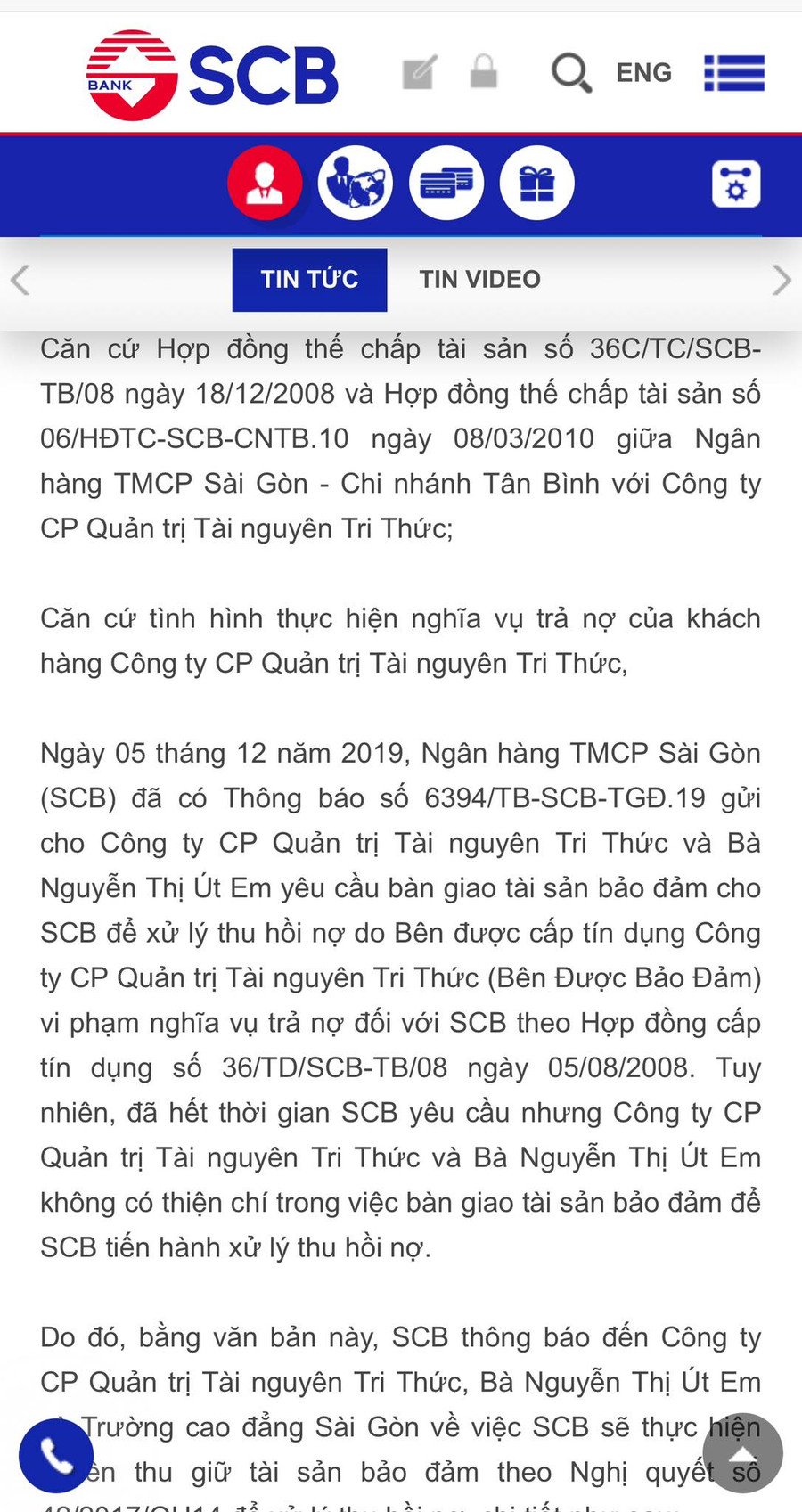 Công văn thu giữ tài sản do nợ xấu của Ngân hàng TMCP Sài Gòn(SCB) gửi Công ty CP Quản trị Tài nguyên Tri Thức và bà Nguyễn Thị Út Em.