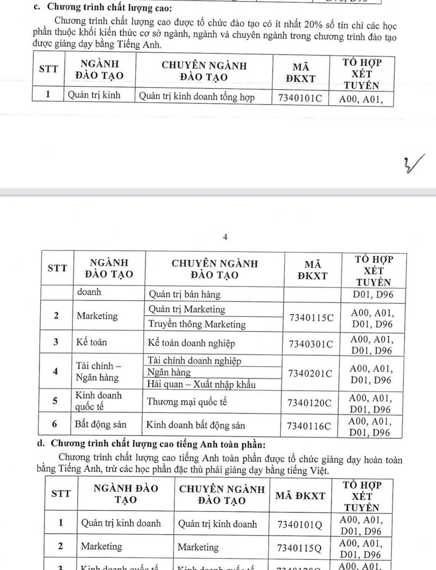 Các tổ hợp xét tuyển và nhóm ngành nghề đào tạo của trường