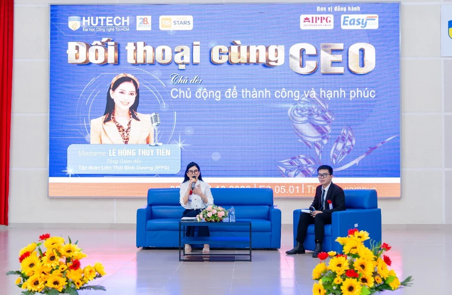 CEO Lê Hồng Thủy Tiên - Tổng Giám đốc Tập đoàn Liên Thái Bình Dương (IPPG) nói chuyện cùng sinh viên HUTECH. 