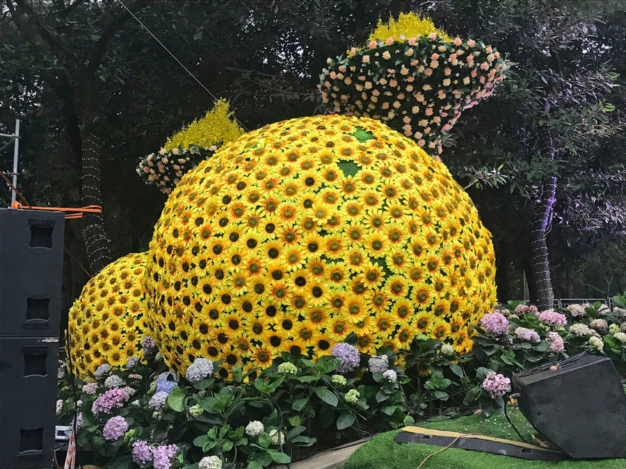 Những chiếc ô, quả cầu được kết hoa tỉ mỉ bởi những đôi bàn tay khéo léo ngay trước sân khấu tổ chức Lễ hội tình yêu hòn Trống Mái, nằm trên núi Trường Lệ. Ảnh: LT. Những chiếc ô, quả cầu được kết hoa tỉ mỉ bởi những đôi bàn tay khéo léo ngay trước sân khấu tổ chức Lễ hội tình yêu hòn Trống Mái, nằm trên núi Trường Lệ. Ảnh: LT.