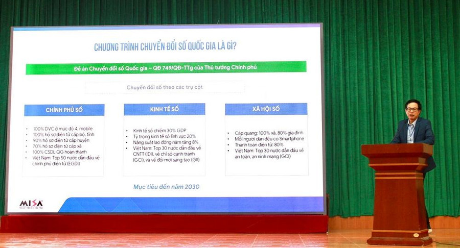 Ông Nguyễn Xuân Hoàng, phó Chủ tịch HĐQT công ty MISA với tham luận chuyển đổi số Quốc gia và cơ hội cho sinh viên lĩnh vực CNTT&TT. Ông Nguyễn Xuân Hoàng, phó Chủ tịch HĐQT công ty MISA với tham luận chuyển đổi số Quốc gia và cơ hội cho sinh viên lĩnh vực CNTT&TT.
