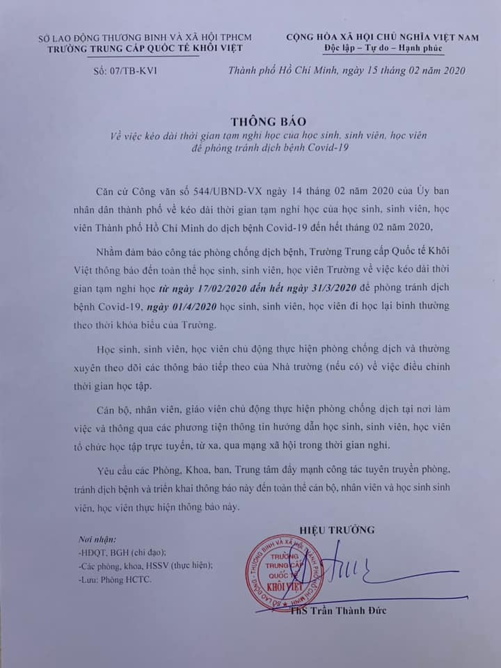 Thông báo của Hiệu trưởng Trường Trung cấp Quốc tế Khôi Việt về việc cho học sinh nghỉ học đến hết tháng 3/2020