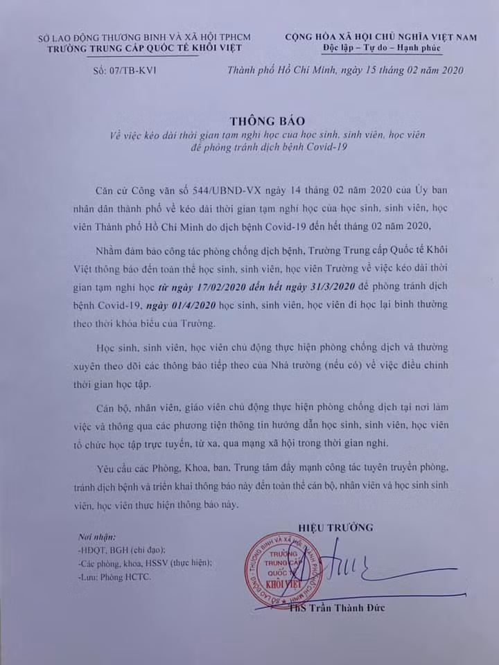 Thông báo của Hiệu trưởng Trường Trung cấp Quốc tế Khôi Việt về việc cho học sinh nghỉ học đến hết tháng 3/2020
