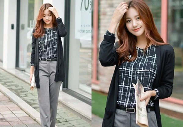 Diện áo cardigan với quần tây và áo sơ mi là lựa chọn hoàn hảo cho thời trang công sở trong những ngày thu se lạnh.