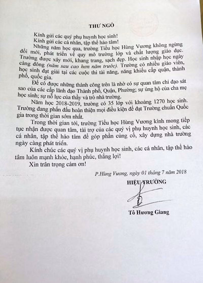 Mẫu tờ đơn tài trợ giáo dục có đóng dấu treo của trường Tiểu học Hùng Vương và thư ngỏ cùng chữ kí của hiệu trưởng nhà trường Mẫu tờ đơn tài trợ giáo dục có đóng dấu treo của trường Tiểu học Hùng Vương và thư ngỏ cùng chữ kí của hiệu trưởng nhà trường