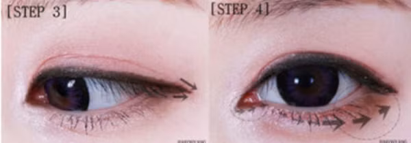 Bước 3: Viền eyeliner đenmảnh sát chân mí mắt trên.Bước 4: Tán phấn mắt màu nâu đồng ở mí mắt dưới, tô đậm ở đuôi mắt.