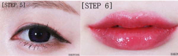 Bước 5:Chuốt mascara. Bước 6:Thoa son môi màu hồng đào rồi phủ một lớp son bóng nhẹ. Bước 5: Chuốt mascara.Bước 6: Thoa son môi màu hồng đào rồi phủ một lớp son bóng nhẹ.