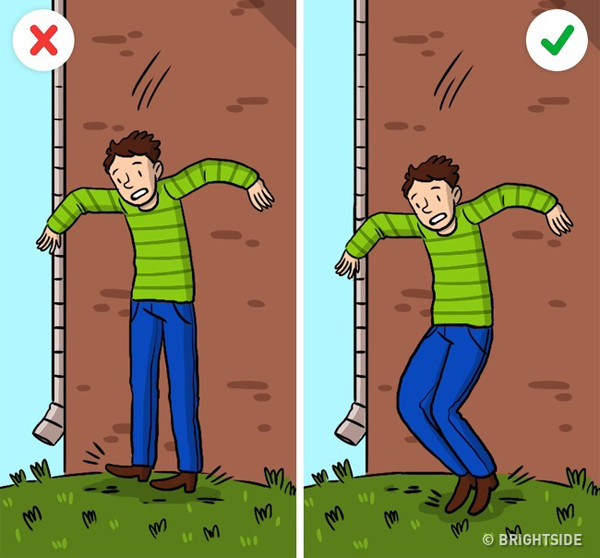 Đừng quên khum đầu gối Đừng quên khum đầu gối, thay vì tiếp đất với hai chân duối thẳng hoặc dạng ra hay chỉ đứng bằng một chân.