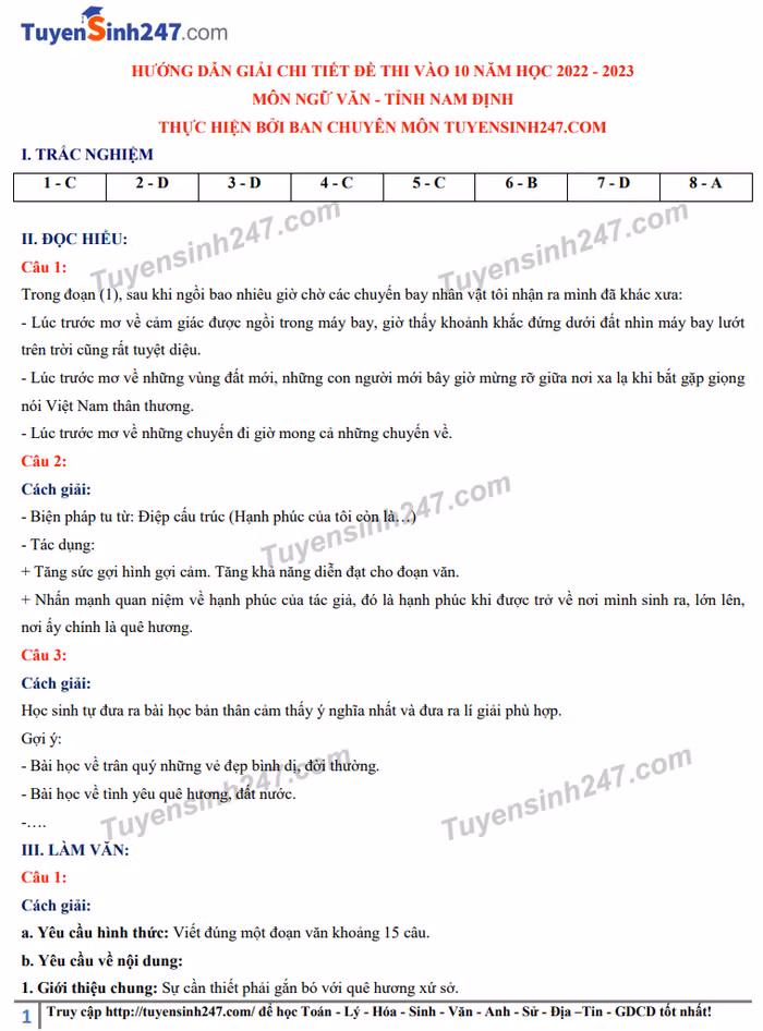 Gợi ý giải đề Ngữ văn thi vào lớp 10 tỉnh Nam Định năm 2022 ảnh 1