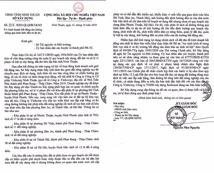 Văn bản của Sở Xây dựng tỉnh Ninh Thuận. (Ảnh: Duy Quan).