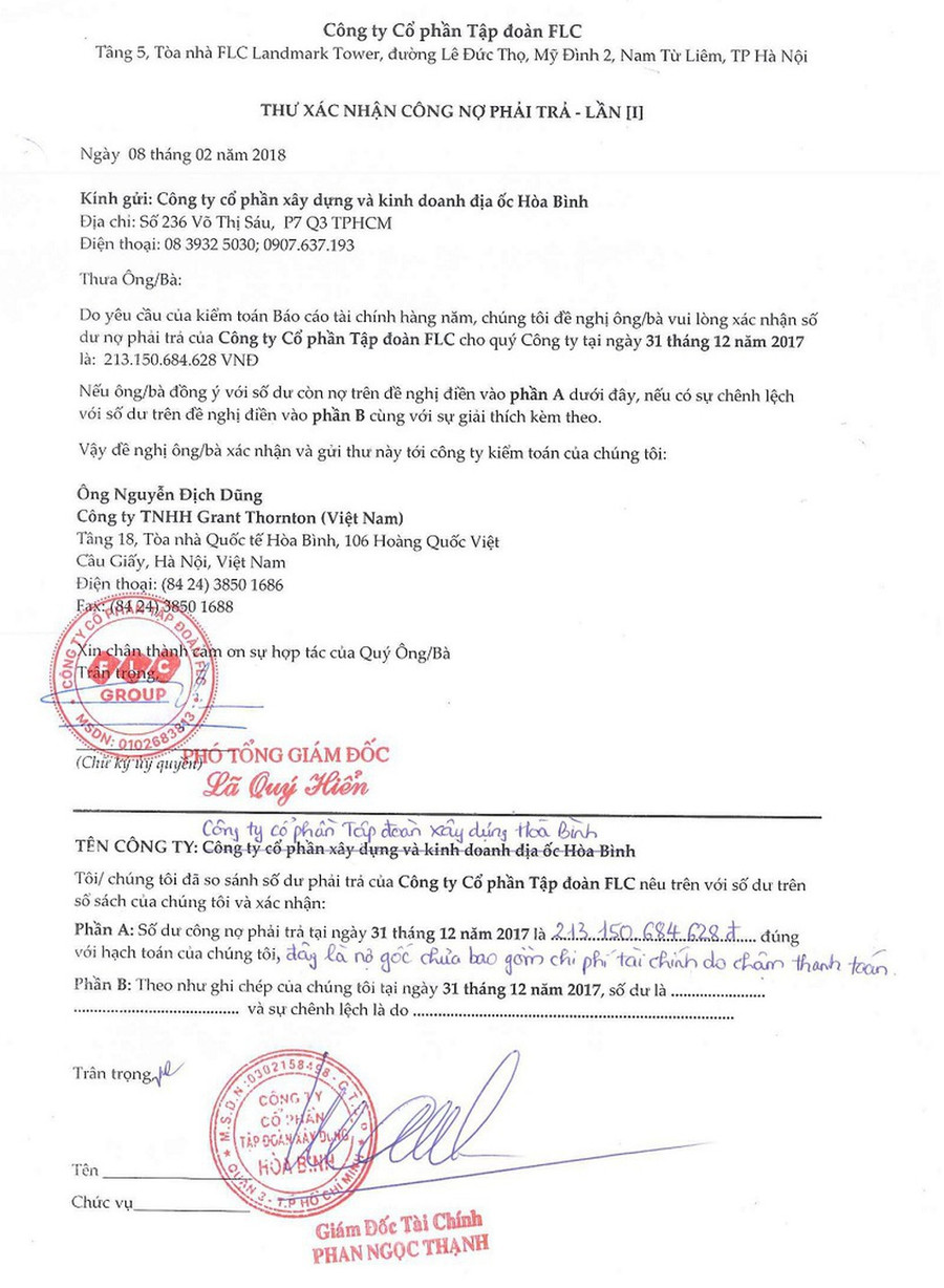 Thư xác nhận công nợ phải trả do chính Tập đoàn FLC gửi tới Tập đoàn Hòa Bình đề nghị xác nhận số tiền doanh nghiệp này phải trả là 213 tỷ đồng. Thư xác nhận công nợ phải trả do chính Tập đoàn FLC gửi tới Tập đoàn Hòa Bình đề nghị xác nhận số tiền doanh nghiệp này phải trả là 213 tỷ đồng.