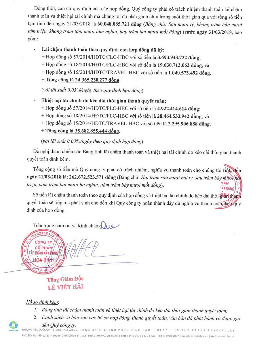 Công văn của Tập đoàn Hòa Bình gửi Tập đoàn FLC với nội dung yêu cầu thanh toán hơn 262 tỷ đồng. Ảnh: Tùng Dương.