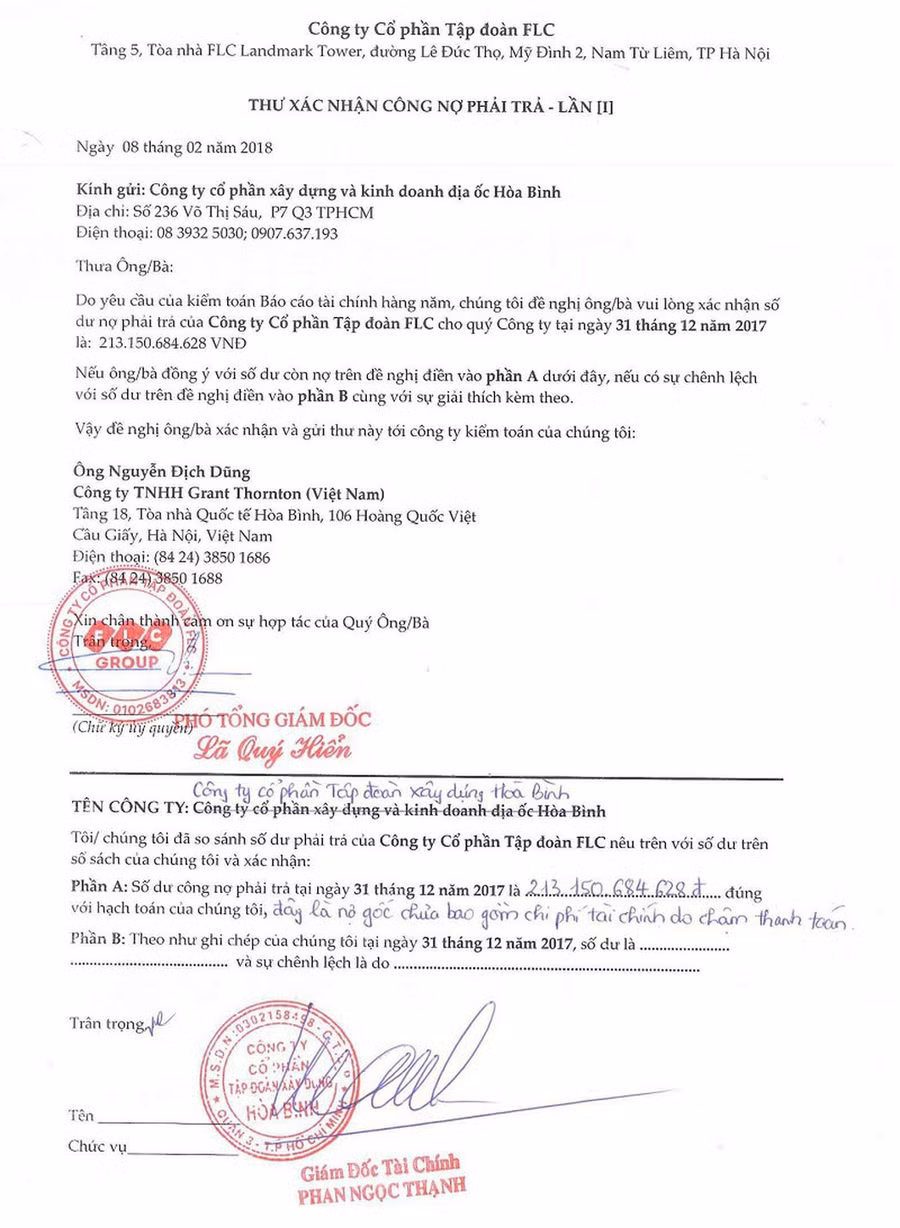 Thư xác nhận công nợ phải trả do chính Tập đoàn FLC gửi tới Tập đoàn Hòa Bình đề nghị xác nhận số tiền doanh nghiệp này phải trả là 213 tỷ đồng - đây là một trong bằng chứng quan trọng được công khai tại phiên tòa. TheoLuật sư Diệp Năng Bình khẳng định: “Đây là nguồn chứng cứ quan trọng. Nếu đây là con số không có căn cứ thì không lẽ lại Tập đoàn FLC được khai khống, khai bừa vào báo cáo tài chính?".