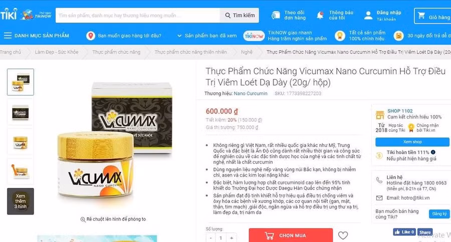 Nội dung quảng cáo thực phẩm bảo vệ sức khỏe Vi- Cumax Nano Curcumin trên tiki.vn.