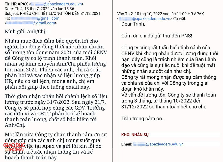 Một số email trao đổi với Công ty Apax được chị Trinh cung cấp cho PV.