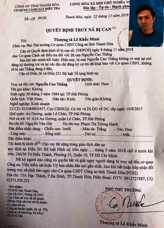 Quyết định truy nã của Cơ quan CSĐT Công an Thanh Hóa.