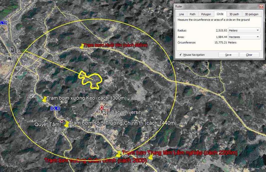 Hình ảnh vệ tinh do giảng viên Trường ĐH Tây Bắc cung cấp cho thấy dự án nghĩa trang nhân dân, lò hoả táng TP Sơn La chưa đạt các tiêu chí về khoảng cách Hình ảnh vệ tinh do giảng viên Trường ĐH Tây Bắc cung cấp cho thấy dự án nghĩa trang nhân dân, lò hoả táng TP Sơn La chưa đạt các tiêu chí về khoảng cách