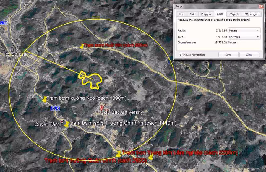 Hình ảnh vệ tinh do giảng viên Trường ĐH Tây Bắc cung cấp cho thấy dự án nghĩa trang nhân dân, lò hoả táng TP Sơn La chưa đạt các tiêu chí về khoảng cách Hình ảnh vệ tinh do giảng viên Trường ĐH Tây Bắc cung cấp cho thấy dự án nghĩa trang nhân dân, lò hoả táng TP Sơn La chưa đạt các tiêu chí về khoảng cách