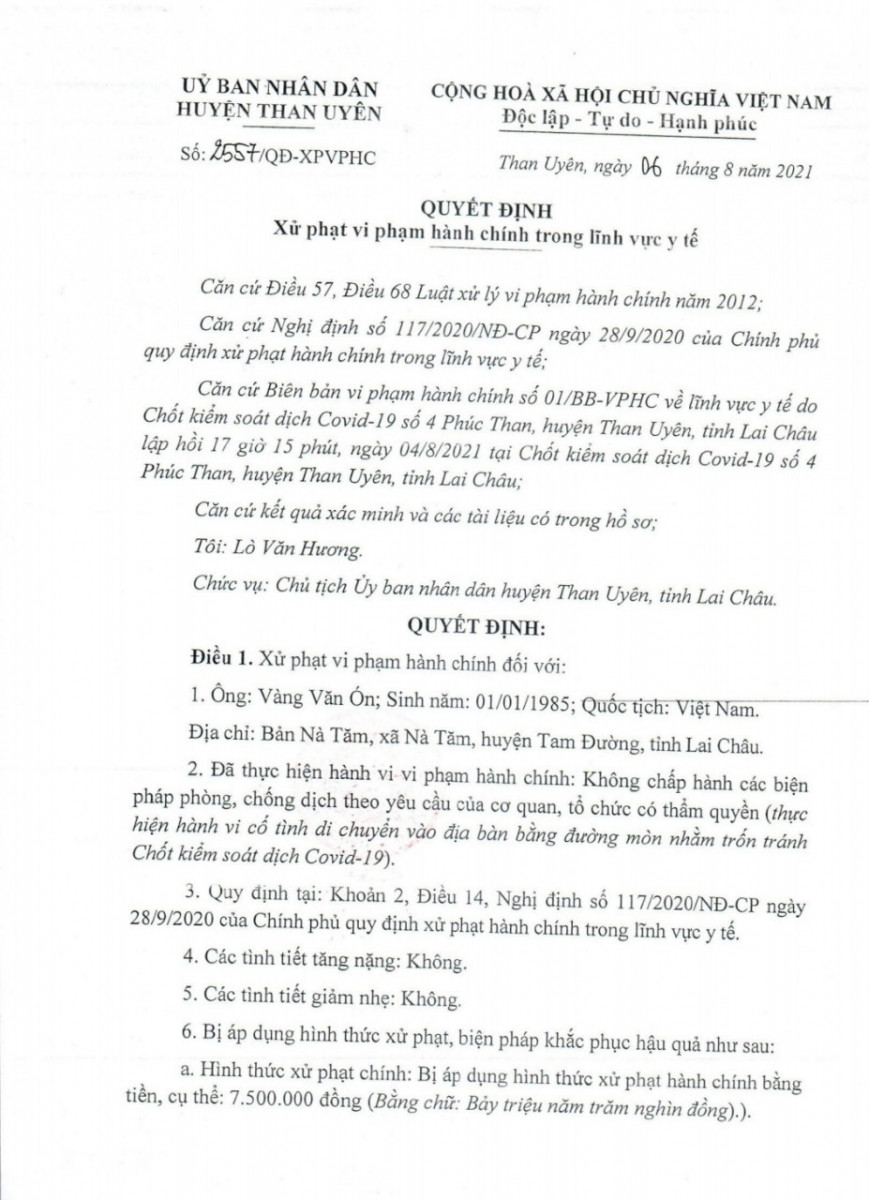 Quyết định xử phạt trường hợp di chuyển bằng đường mòn chống chốt kiểm dịch.