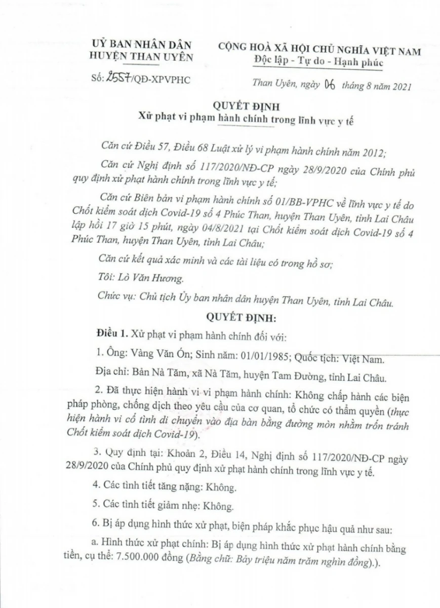 Quyết định xử phạt trường hợp di chuyển bằng đường mòn chống chốt kiểm dịch.