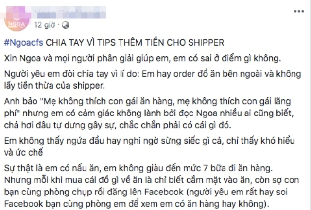 Tips thêm tiền cho shipper, cô gái bị người yêu mắng mỏ đòi chia tay