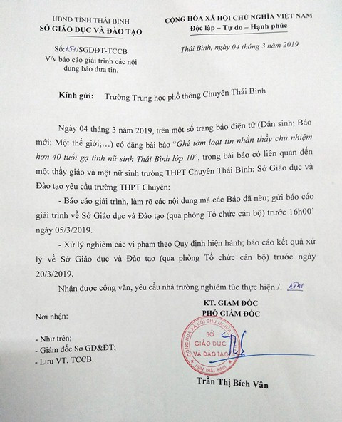 Văn bản Sở GD&ĐT Thái Bình đề nghị Trường THPT chuyên Thái Bình báo cáo giải trình Văn bản Sở GD&ĐT Thái Bình đề nghị Trường THPT chuyên Thái Bình báo cáo giải trình