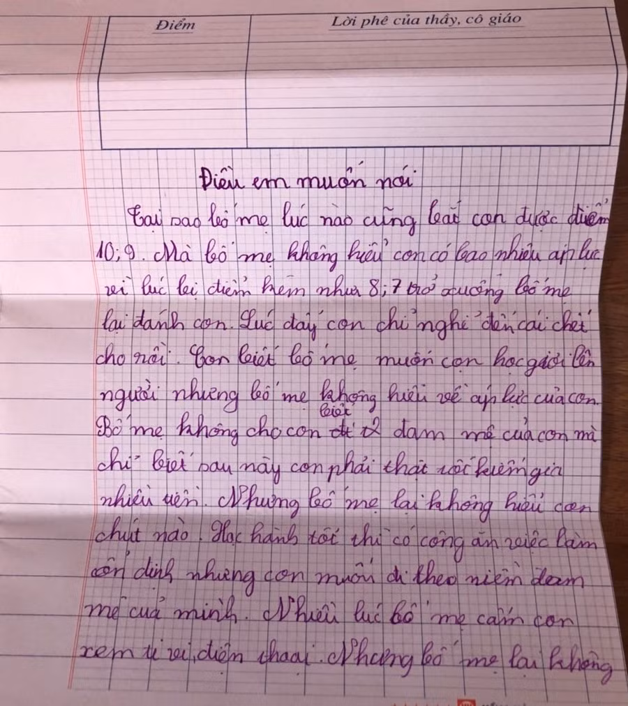 Cậu bé lớp 4 viết thư phản đối áp lực điểm 10 khiến cha mẹ lặng người