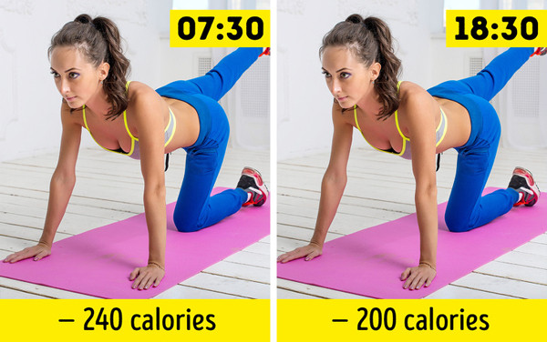 Không tập thể dục Trong một thử nghiệm so sánh khả năng đốt cháy năng lượng của người tập luyện vào buổi sáng và buổi tối, các nhà nghiên cứu đã phát hiện ra rằng, những người tập thể dục trước bữa ăn sáng sẽ ăn ít thức ăn hơn trong ngày. Ngoài ra, nghiên cứu cũng cho thấy, tập thể dục trong lúc đói làm tăng hiệu quả giảm cân lên tới 20% Không tập thể dục Trong một thử nghiệm so sánhkhả năng đốt cháy năng lượng của người tập luyện vào buổi sáng và buổi tối, các nhà nghiên cứu đãphát hiện ra rằng, những ngườitập thể dục trước bữa ăn sáng sẽ ăn ít thức ăn hơn trong ngày. Ngoài ra, nghiên cứu cũng cho thấy, tập thể dục trong lúc đói làm tăng hiệu quả giảm cân lên tới 20%