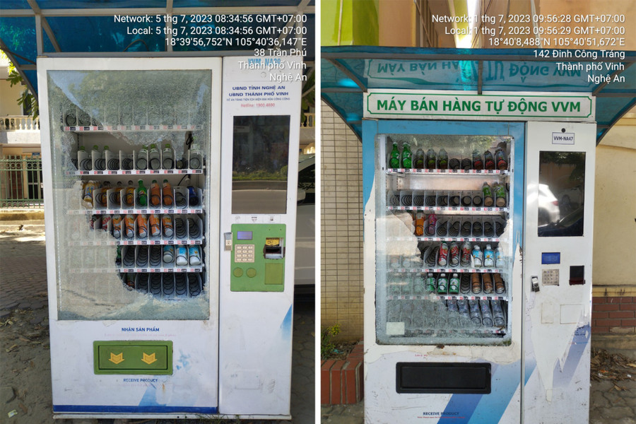2 trong số các máy bán hàng tự động bị đập phá để lấy trộm tài sản. (Ảnh: LH).