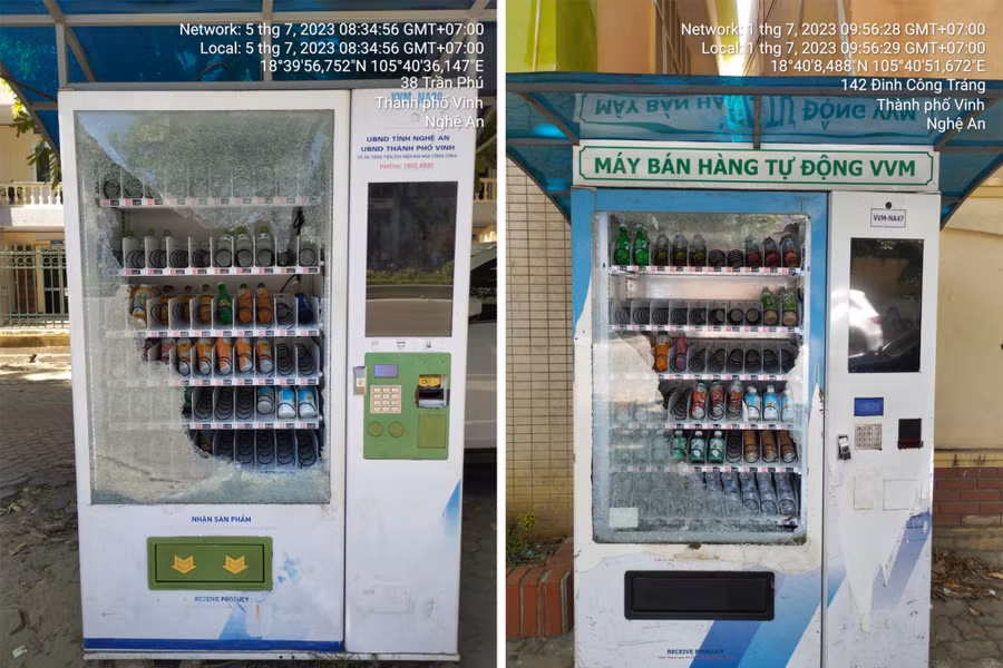 2 trong số các máy bán hàng tự động bị đập phá để lấy trộm tài sản. (Ảnh: LH).