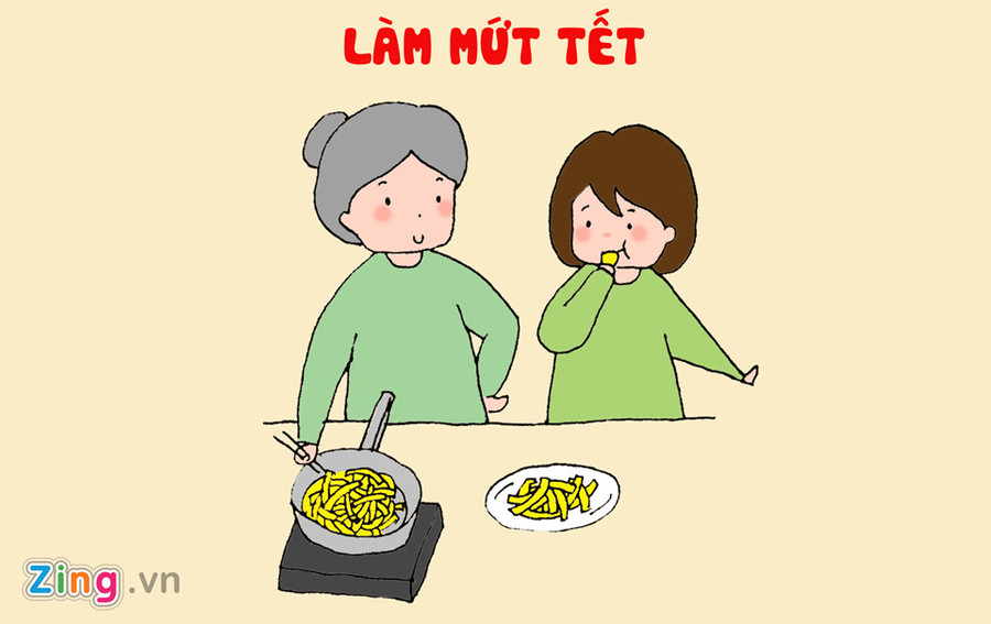 Bên cạnh ấm trà, trên bàn mỗi gia đình thường chuẩn bị ít bánh kẹo, mứt Tết để mời khách nhâm nhi khi đến chúc Tết. Đối với nhiều người, mứt dừa dai dai, mứt bí ngọt ngọt hay mẻ ô mai mẹ làm sẵn có hương vị rất riêng mà không thể tìm thấy ở bất kỳ hàng quán nào khác. 8 hoat dong