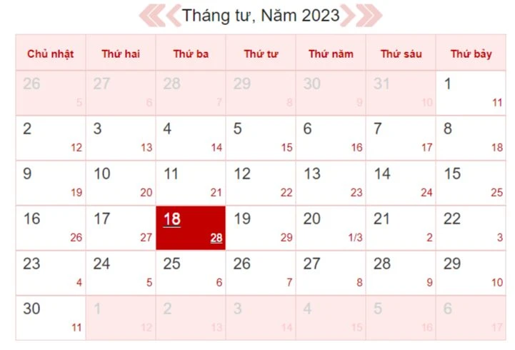 Xem lịch âm ngày 18/4/2023