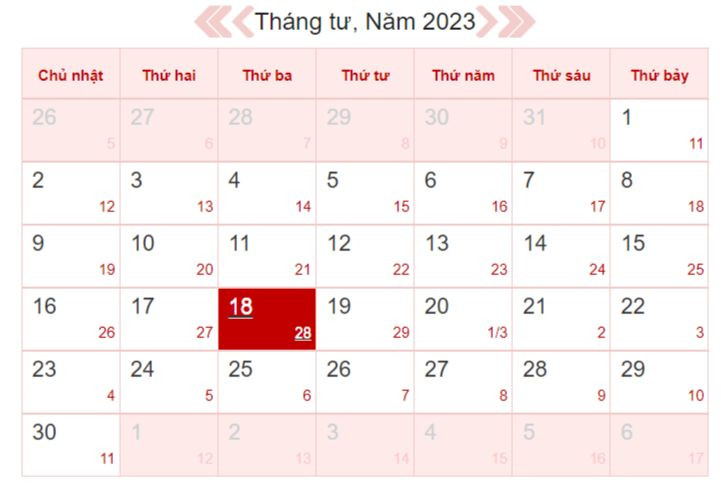 Xem lịch âm ngày 18/4/2023