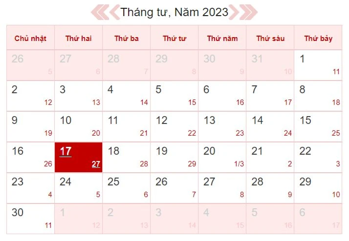 Xem lịch âm ngày 17/4/2023