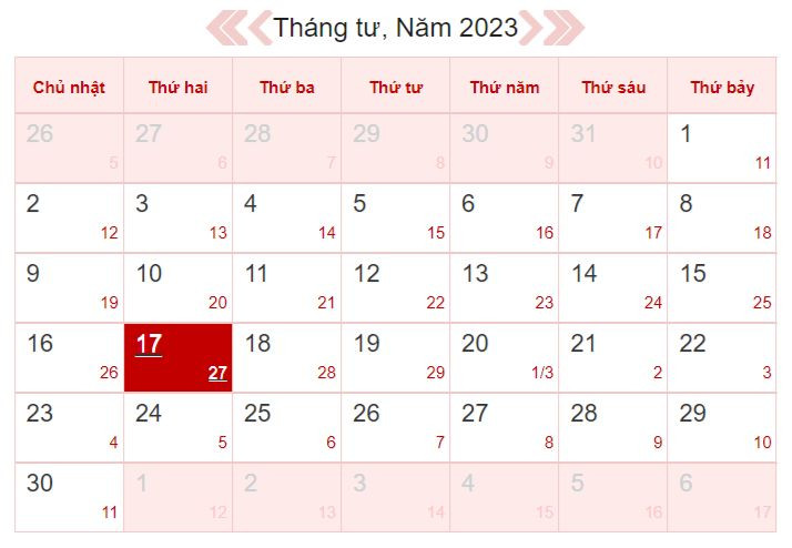 Xem lịch âm ngày 17/4/2023