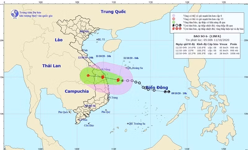 Hình ảnh dự báo vị trí và đường đi của bão số 6. (Nguồn: TTDBKTTVQG)