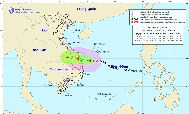 Hình ảnh dự báo vị trí và đường đi của bão số 6. (Nguồn: TTDBKTTVQG)