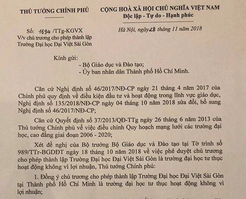 Thủ tướng Chính phủ chính thức đồng ý chủ trương thành lập Trường ĐH Đại Việt Sài Gòn tại TPHCM