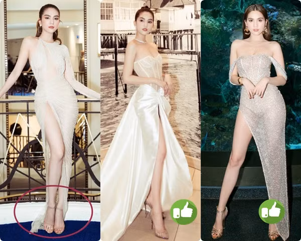 Cùng một kiểu đầm xẻ cao với gam màu be trang nhã nhẹ nhàng, nhưng khi chọn những đôi sandals và cao gót khác, đôi chân của Ngọc Trinh nhìn bớt thô hơn nhiều. Nếu bạn cũng có nhược điểm như Ngọc Trinh, muốn chọn những đôi sandals cao gót hay chọn thiết kế có phần mũi chụm lại để tránh lộ ngón chân thô xấu.