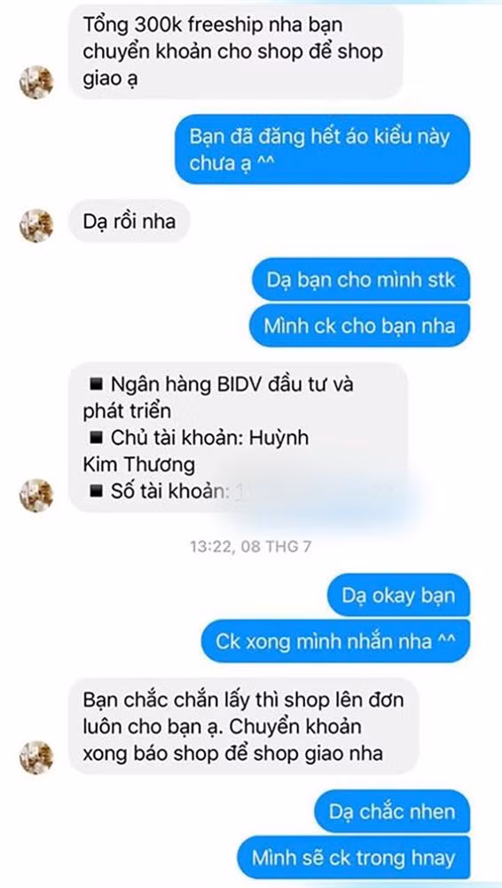 Những cửa hàng này nhắn tin lịch sự và bắt chuyển khoản 100% số tiền.