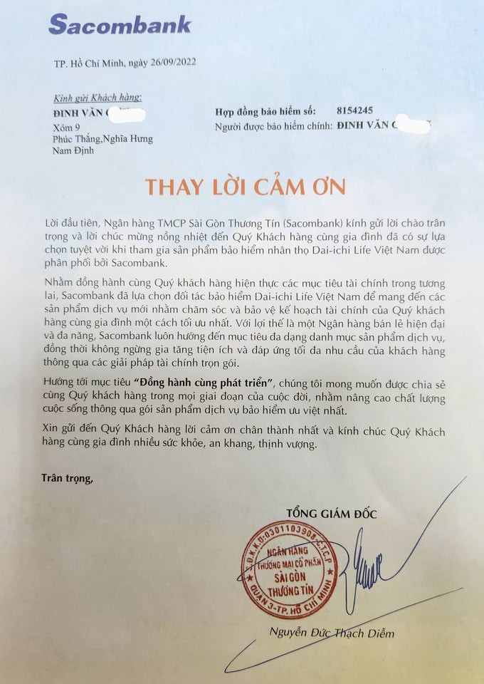 Thư cảm ơn của Tổng Giám đốc Sacombank gửi tới ông Đinh Văn C. vì đã &quot;chịu chi&quot; tới 70 triệu đồng mua bảo hiểm nhân thọ Dai-ichi Life do Sacombank phân phối.