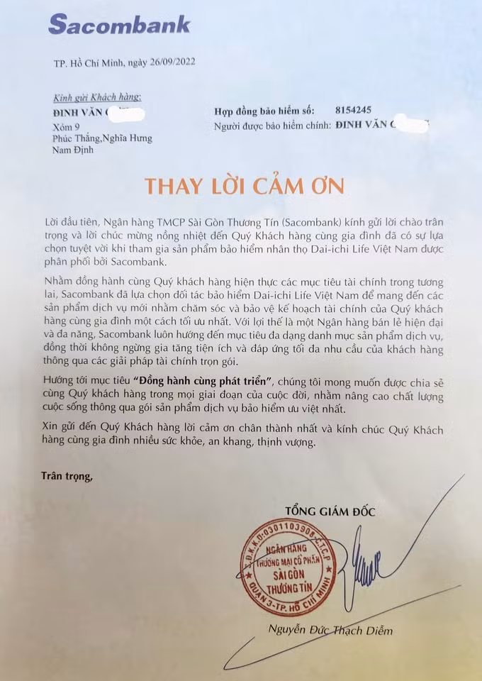 Thư cảm ơn của Tổng Giám đốc Sacombank gửi tới ông Đinh Văn C. vì đã "chịu chi" tới 70 triệu đồng mua bảo hiểm nhân thọ Dai-ichi Life do Sacombank phân phối.