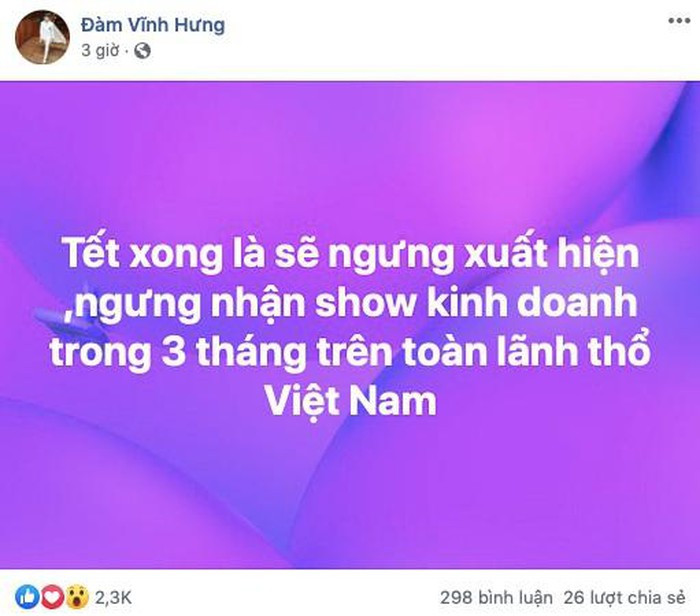 Đàm Vĩnh Hưng thông báo ngừng xuất hiện trên toàn lãnh thổ Việt Nam ảnh 1